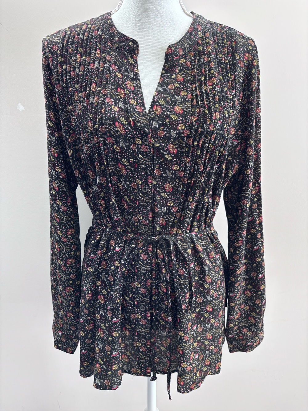 Kaii Floral Print Button Down Blouse Tie Waist Long Sleeve Size L